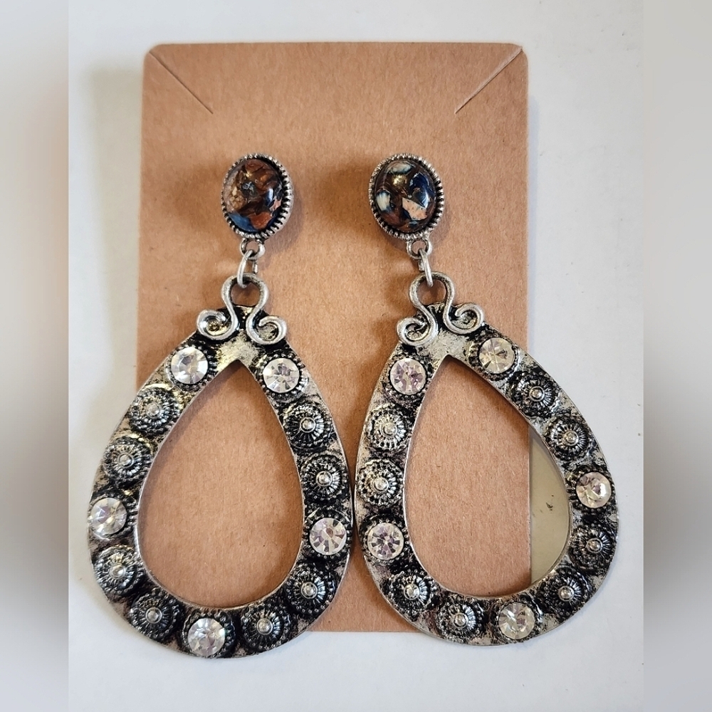 Western Teardrop Dangling Silver Brown Blue & Rhinestones Drop Stud Earrings